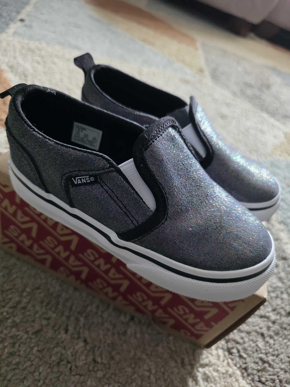 Vans Kids Slip-On Iridescent Glitter Black Sneakers
